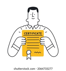 Happy man holding certificate. Outline, linear, thin line, doodle art. Simple style with editable stroke.