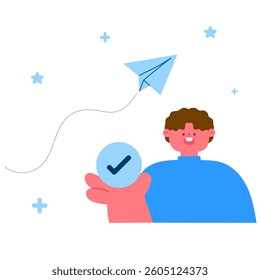 Happy man holding a check mark icon, new idea generation and innovation concept flat vector illustration