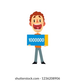 Happy man holding check for one million dollars, guy winning the lottery vector Illustration on a white background