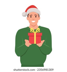 Happy man holding Christmas gift in Santa hat. Hipster with Xmas present box in hand. Male making surprise. Flat vector illustration isolated on white background