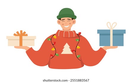 Happy man holding Christmas gifts. Winter festive concept for card, banner and web design. Flat vector illustration isolated