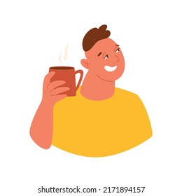 Happy man holding cup with coffee or tea. Portrait of stylish male with hot drink. Vector illustration. Isolated abstract character with pretty face. Relax and take a break concept.