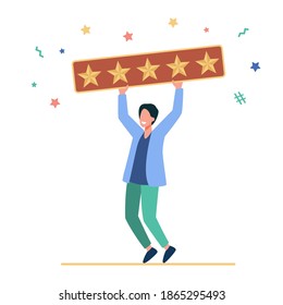 Happy man holding five golden stars. Customer, review, social media flat vector illustration. Assessment and rating concept for banner, website design or landing web page