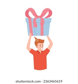Happy man holding gift box, flat vector illustration isolated on white background. Birthday party celebration. Surprise party concept.