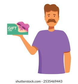 Happy man holding a gift card with a bow, perfect for themes like shopping, presents, and special occasions