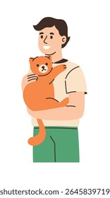 Happy man holding ginger cat. Flat vector illustration.