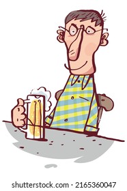 Happy man holding a glass of beer. Vector illustration isolated on white background