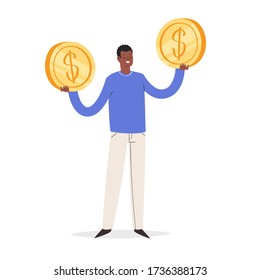 Happy man holding golden coins in hands. Rich businessman or millionaire, careless wealthy character with money, financial success, lottery win, fortune, good luck, business concept isolated 