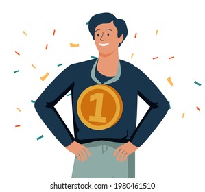 Happy man holding golden medal and celebrating victory. Concept of business success, competition winner, champion or leader, triumph, prize award. Modern flat vector illustration for poster, banner.