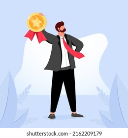 Happy man holding golden medal and celebrating victory. Concept of business success, competition winner, champion or leader, triumph, prize award. Modern flat vector illustration for poster, banner.