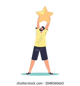 Happy man holding golden rank rating star. Satisfied client ranking service. User, consumer or customer feedback review system concept. Cartoon flat vector illustration