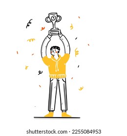 Happy man holding golden trophy and celebrating victory. Concept of business success, competition winner, champion or leader, triumph, prize award. Modern flat vector illustration for poster, banner.