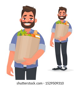 Happy man holding a grocery bag in his hands. Buyer at the supermarket. Vector illustration in cartoon style