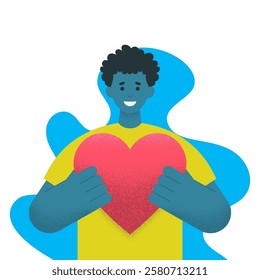 Happy man holding heart in hands. Vector character in flat style