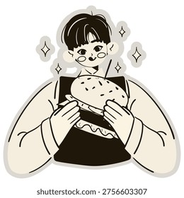 Happy man holding a huge hamburger. Smiling person enjoy the enormous burger. Flat vector illustration.