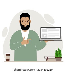 Happy man holding a laptop computer with one hand and pointing at it with the other. Laptop computer technology concept. Vector flat illustration