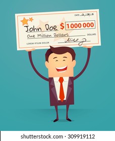 Happy Man Holding Large Check Of One Million Dollar In Hands. Bib Win Lottery. Vector Illustration