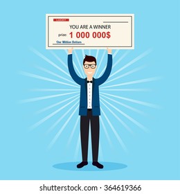 Happy man holding large check of one million dollar in hands. Colorful Vector Illustration.