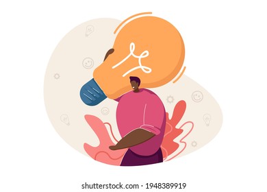 Happy man holding lightbulb. Creative young person with innovative ideas flat vector illustration. Brainstorming, innovation, creative thingking concept for banner, website design or landing web page