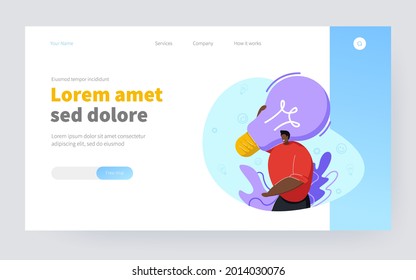 Happy man holding lightbulb. Creative young person with innovative ideas flat vector illustration. Brainstorming, innovation, creative thingking concept for banner, website design or landing web page