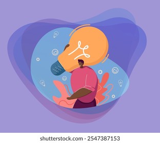 Glücklicher Mann mit Glühbirne. Kreative junge Person mit innovativen Ideen, flache Vektorgrafik. Brainstorming, Innovation, kreatives Denkkonzept für Banner, Website-Design oder Landing-Web-Seite