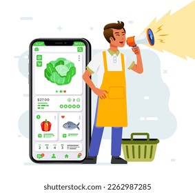 Hombre feliz sosteniendo un megáfono gritando en voz alta los clientes anunciando el concepto de publicidad de la aplicación de ecommerce vegetal Promoción