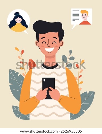 Happy man holding a mobile device while interacting with two profile pictures.