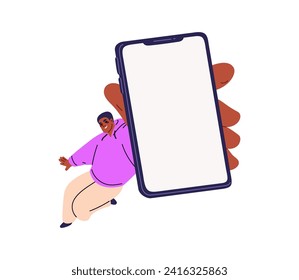 Happy man holding mobile phone screen. Person showing smartphone, cellphone mockup in hand. Young smiling guy advertising blank cell display. Flat vector illustration isolated on white background