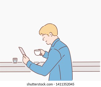 Happy man holding mug, drinking coffee, browsing internet and checking newsfeed on social media.Man using cell phone during coffee break at modern cafe. Hand drawn style vector design illustrations.