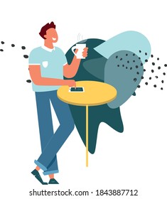 Happy man holding mug, drinking coffee, browsing internet and checking newsfeed on social media. Man using cell phone during coffee break at modern cafe. vector style design illustrations