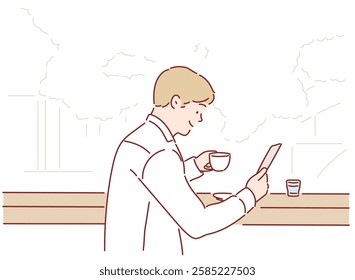 Happy man holding mug, drinking coffee, browsing internet and checking newsfeed on social media.Man using cell phone during coffee break at modern cafe. Hand drawn style vector design illustrations.	