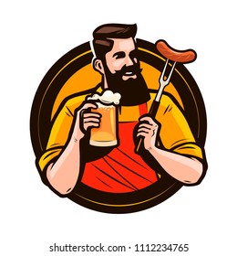 Happy man holding a mug of fresh beer. Brewery, pub, alcohol drink logo or label. Vector illustration