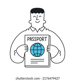 Happy man holding passport. Travel, trip, summer time, vacation. Outline, linear, thin line, doodle art. Simple style with editable stroke.