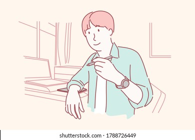 Happy man holding pen with left hand. Writer, graphic designer, artist concept. Hand drawn character style vector.