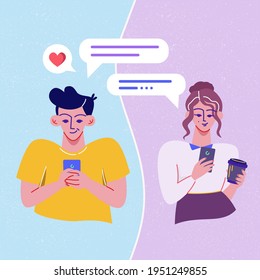 Happy man holding phone and chatting with pretty young woman, holding cup of coffee. Young couple having virtual conversation. Dating application. Colorful vector illustration. Flat cartoon design.