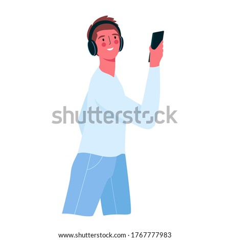 A happy man holding a phone. Man using a smartphone, listening to music through headphones. Person and gadget. Vector illustration in cartoon style