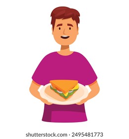 Happy man holding a plate with a sandwich, ready to enjoy a delicious meal