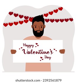Glücklicher Mann, der ein Poster mit Text Happy Valentinstag und roten Herzen hält. Liebeskonzept. Herzlichen Glückwunsch zum Valentinstag, Wallpaper, Poster, Postkarte oder Glückwunsch.