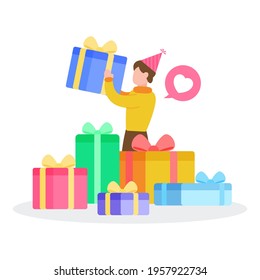 Happy man holding a present box surround with group of colorful gift boxes. Creative concept of the birthday party celebration. Trendy cute vector illustration. Flat style graphic design icon.
