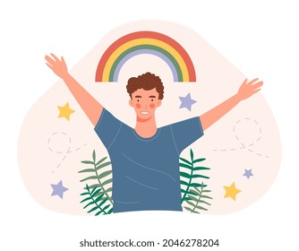 Happy man holding rainbow. Boy with sweet smile and spread arms. Kind character with positive mood relaxes and meditates. Cartoon contemporary flat vector illustration isolated on pink background