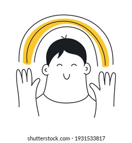 Happy man holding a rainbow in his hands. Positive vibes, mindfulness, relaxation, meditation, and joy. Thin line vector illustration on white.