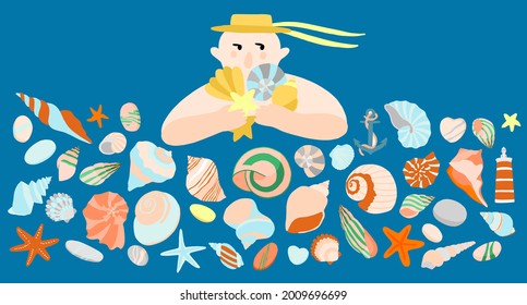 Fröhlicher Mann, der Muscheln in den Händen hält. Cute Cartoon Charakter. Urlaub, Hobby, Sammlung. Strohhut mit gelbem Band, Hände. Viele Artikel. Leuchtturm. Vektorflache Illustration. Postkarte.