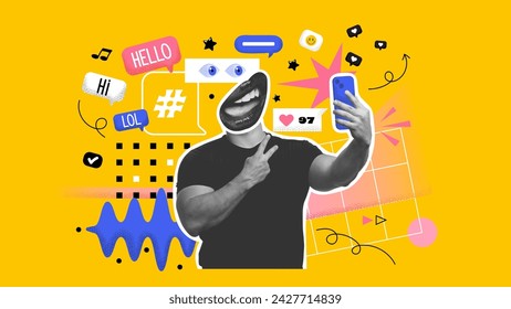 Hombre Feliz Sosteniendo Smartphone Con Corazones Y Botones Similares De Pie En El Fondo De Estudio Amarillo. Telefonee A Los Usuarios Conectándose En Línea Usando Las Redes Sociales, Leyendo Noticias, Comentando Y Compartiendo Publicaciones. Vector