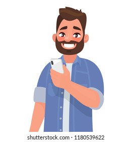 Happy Man Is Holding A Smartphone. Person And Gadget. Communication In The Network. Vector Illustration In Cartoon Style