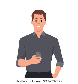 Un hombre feliz sostiene un smartphone. Persona y gadget. Comunicación en la red. Ilustración vectorial plana aislada en fondo blanco