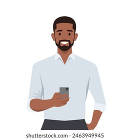 Happy man is holding a smartphone. Person and gadget. Flat vector illustration isolated on white background