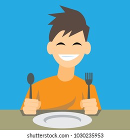 Happy man holding spoon and fork with empty dish on the table;concept of eating and health care-vector cartoon
