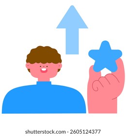 Happy man holding a star with an increasing arrow, goal success and achievement concept flat vector illustration