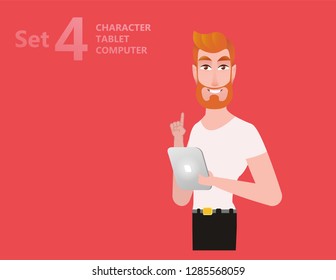 Happy man holding tablet computer in his hands. Positive portrait for web poster design. Vector illustration in cartoon style. - Vector
