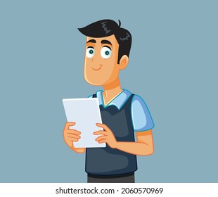 
Happy Man Holding Tablet Computer Vector Cartoon. Young adult holding a device reading social media message 
